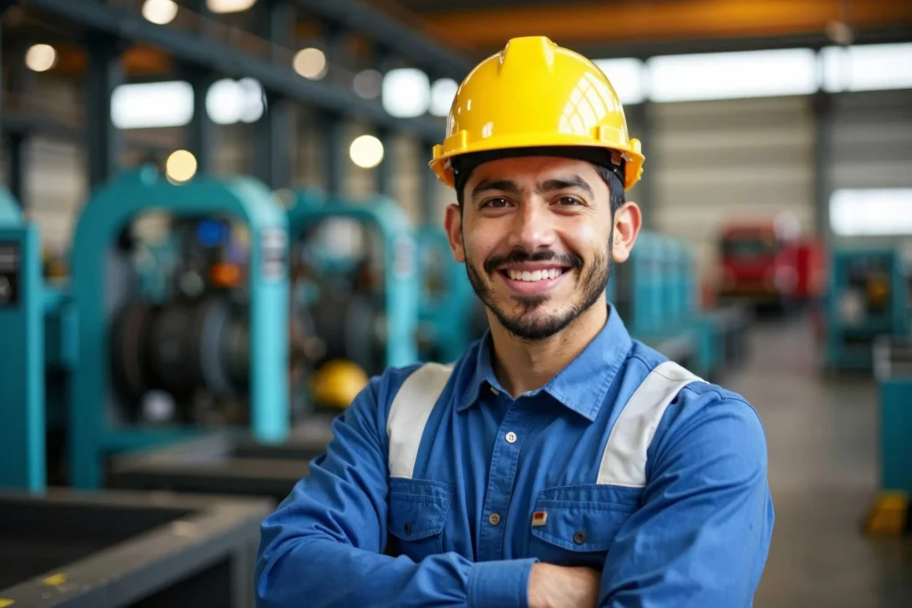 Man in hard hat smiling in a factory, representing free career training and scholarship opportunities through Workforce Solutions Capital Area