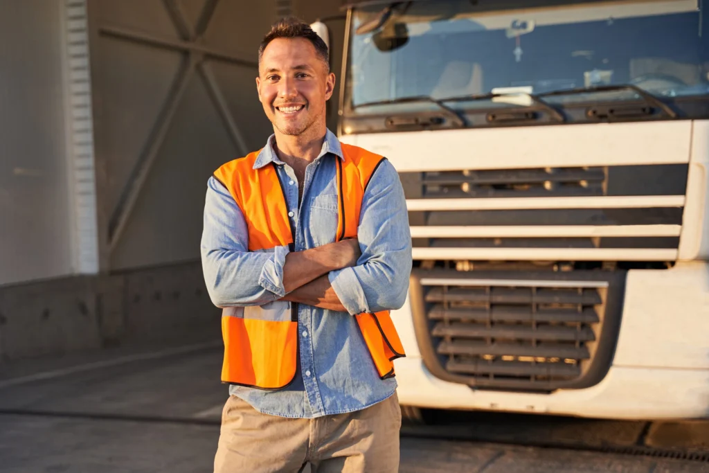 Worker in safety vest standing in front of a truck, representing employer workforce services at Workforce Solutions Capital Area