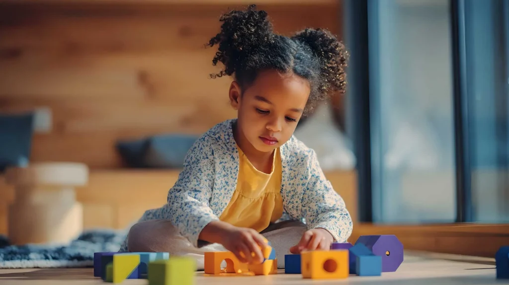 Young child playing with colorful building blocks, representing inclusive early childhood education supported by Workforce Solutions Capital Area