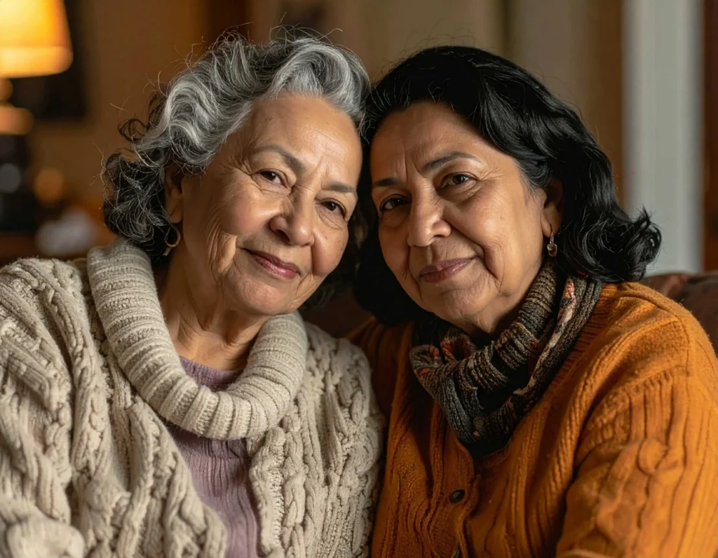Two grandmothers sitting together at home, representing relative care providers through Workforce Solutions Capital Area